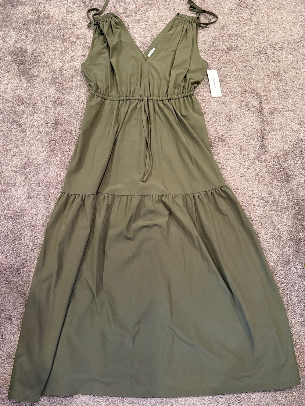 Calvin Klein Olive Tie-Shoulder V-Neck Tiered Maxi Dress